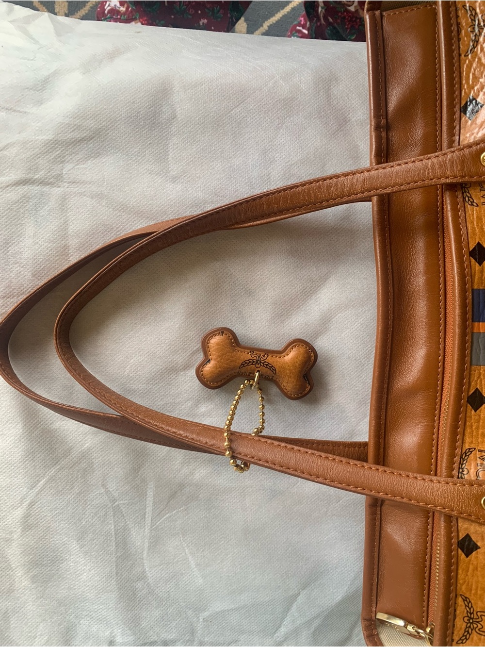 MCM Cognac Visetos Tote with Navy and Orange Center Stripe with Bone. EUC - Picture 13 of 16